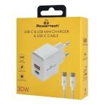 POWERTECH φορτιστής τοίχου PT-1249, καλώδιο, USB/USB-C, 30W, GaN, λευκός