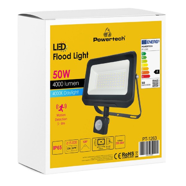 POWERTECH LED προβολέας PT-1263, με αισθητήρα κίνησης, 50W, 4000K, IP65