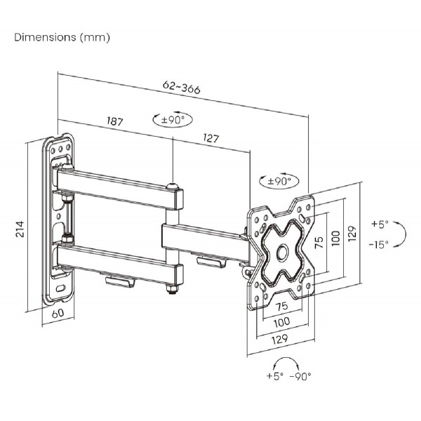 POWERTECH επιτοίχια βάση PT-1279 για τηλεόραση 13-32", full motion, 20kg