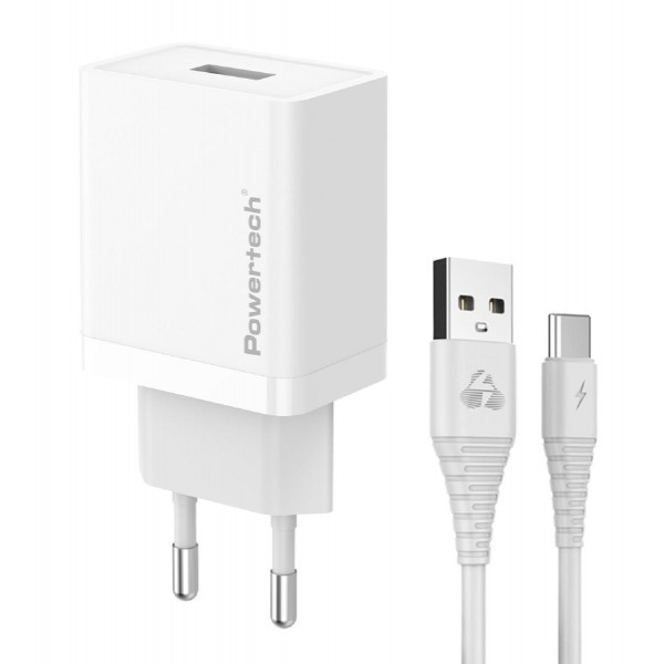 POWERTECH φορτιστής τοίχου PT-1322 με καλώδιο USB-C, USB, 12W, λευκός