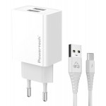 POWERTECH φορτιστής τοίχου PT-1324 με καλώδιο USB-C, 2x USB, 12W, λευκός