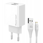 POWERTECH φορτιστής τοίχου PT-1325 με καλώδιο Lightning, 2x USB, 12W, λευκός