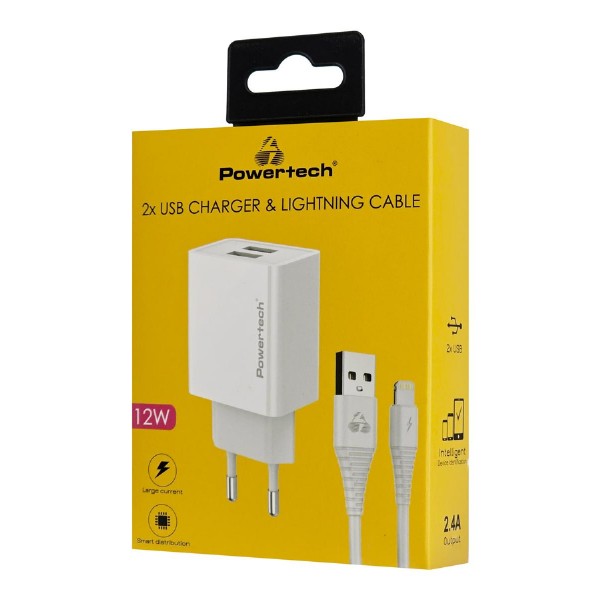 POWERTECH φορτιστής τοίχου PT-1325 με καλώδιο Lightning, 2x USB, 12W, λευκός