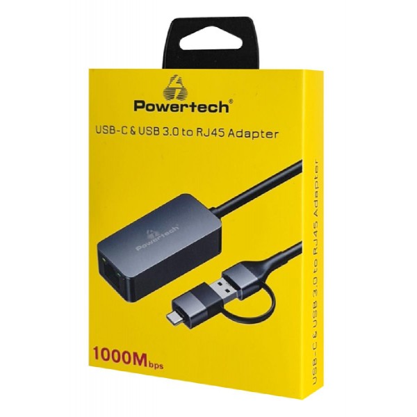 POWERTECH αντάπτορας δικτύου PTR-0149, USB & USB-C, 1000 Mbps, γκρι