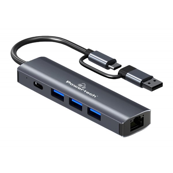 POWERTECH USB hub PTR-0150 με θύρα δικτύου, 4 θυρών, USB & USB-C, γκρι