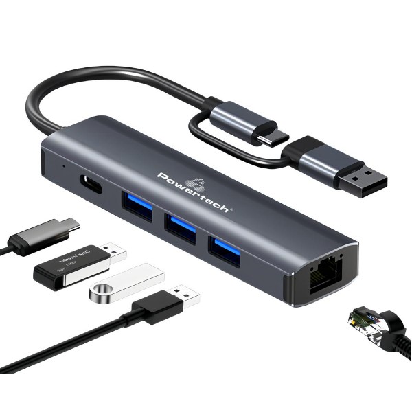 POWERTECH USB hub PTR-0150 με θύρα δικτύου, 4 θυρών, USB & USB-C, γκρι