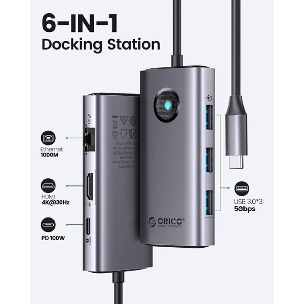 ORICO docking station PW11-6PR, 3x USB/USB-C/HDMI/RJ45, 4K, 100W, γκρι