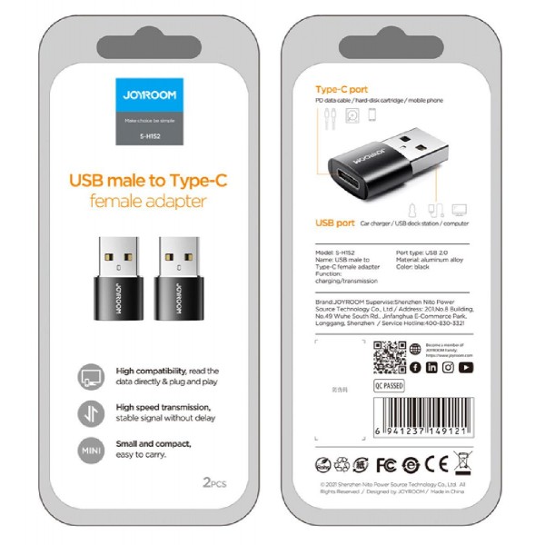 JOYROOM αντάπτορας USB σε USB Type-C S-H152, μαύρος, 2τμχ