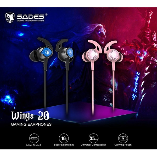 SADES gaming earphones Wings 20, 12mm, 3.5mm, 1.2m, ροζ