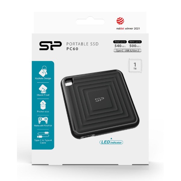 SILICON POWER εξωτερικός SSD PC60, 1TB, USB 3.2, 540-500MB/s, μαύρος