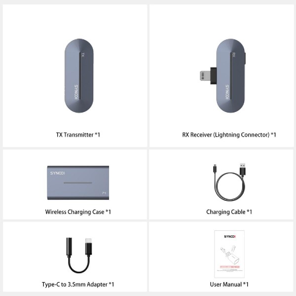 SYNCO ασύρματο μικρόφωνο P1L με θήκη φόρτισης, Lightning, 2.4GHz, γκρι