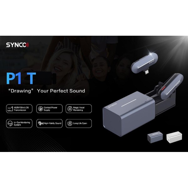 SYNCO ασύρματο μικρόφωνο P1T με θήκη φόρτισης, USB-C, 2.4GHz, γκρι