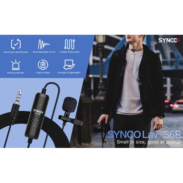 SYNCO μικρόφωνο Lav-S6E με clip-on, omnidirectional, 3.5mm, 6m, μαύρο