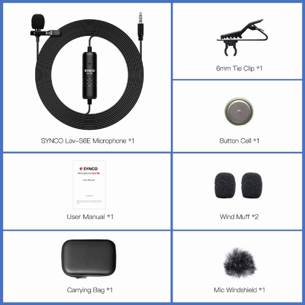 SYNCO μικρόφωνο Lav-S6E με clip-on, omnidirectional, 3.5mm, 6m, μαύρο