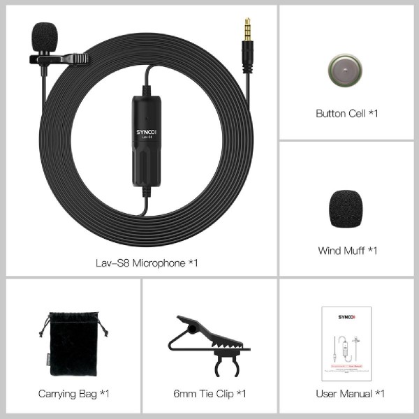 SYNCO μικρόφωνο Lav-S8 με clip-on, omnidirectional, 3.5mm, 8m, μαύρο