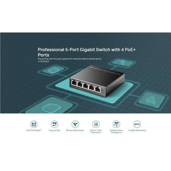 TP-LINK desktop switch TL-SG1005LP, 5-Port Gigabit, 4x PoE+, Ver. 2.0