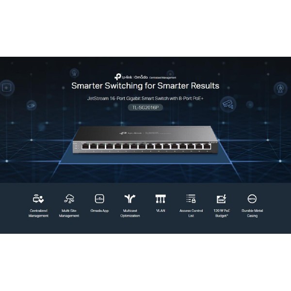 TP-LINK JetStream switch TL-SG2016P, 16-Port Gigabit, 8x PoE+, Ver. 1.0