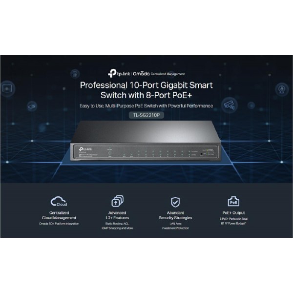 TP-LINK JetStream switch TL-SG2210P, 10-Port Gigabit, 8x PoE+, Ver. 5.0