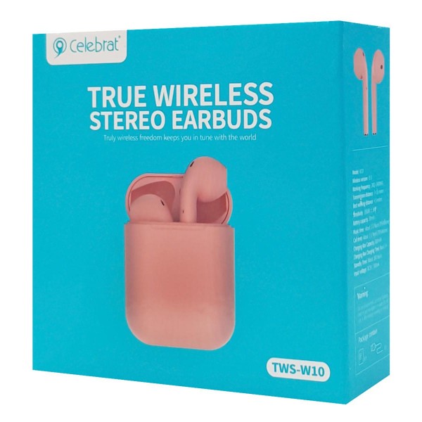 CELEBRAT earphones W10, true wireless, με θήκη φόρτισης, ροζ