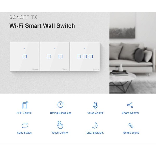 SONOFF smart διακόπτης ΤΧ-T2EU3C, αφής, τριπλός, λευκός