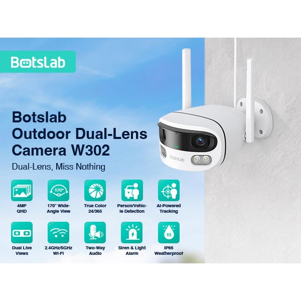 BOTSLAB smart κάμερα W302, 4MP/3K, dual lens, WiFi, SD, IP66