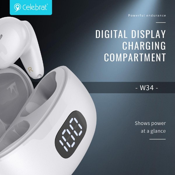 CELEBRAT earphones με θήκη φόρτισης TWS-W34, True Wireless, μαύρα