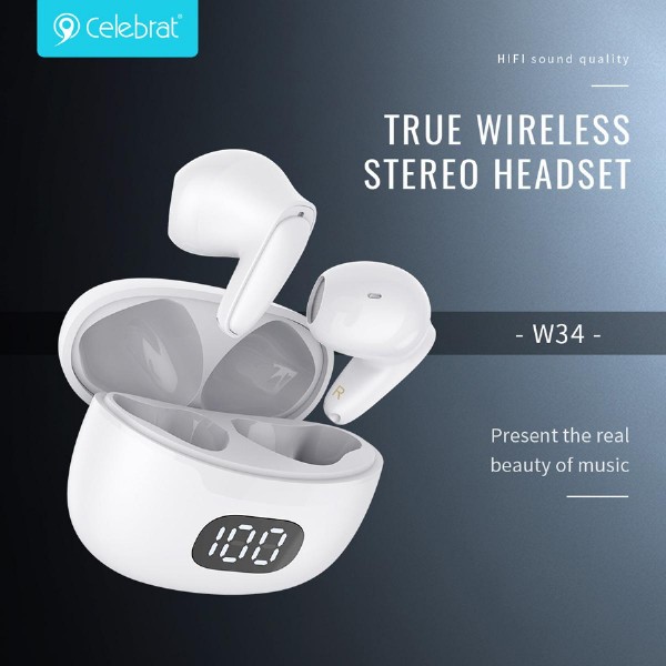 CELEBRAT earphones με θήκη φόρτισης TWS-W34, True Wireless, μαύρα