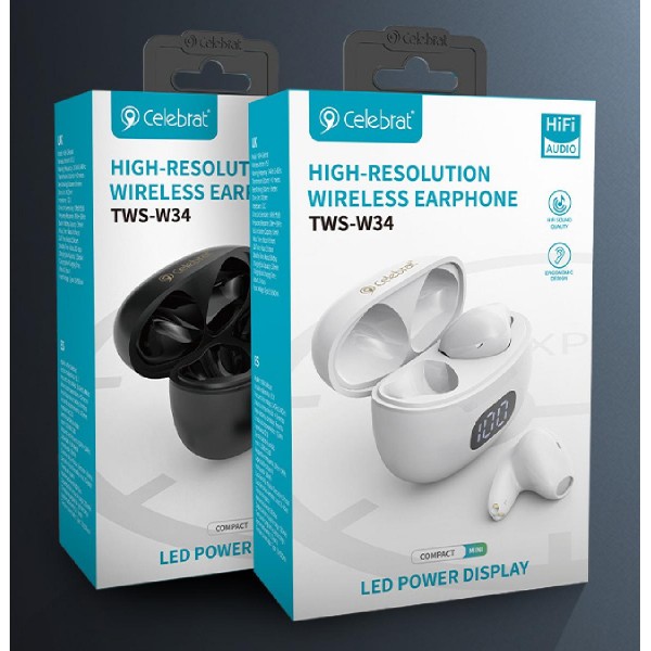 CELEBRAT earphones με θήκη φόρτισης TWS-W34, True Wireless, μαύρα