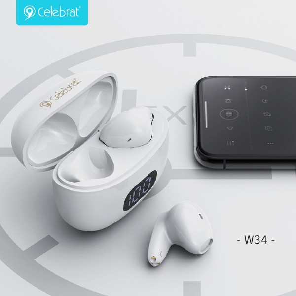 CELEBRAT earphones με θήκη φόρτισης TWS-W34, True Wireless, λευκά