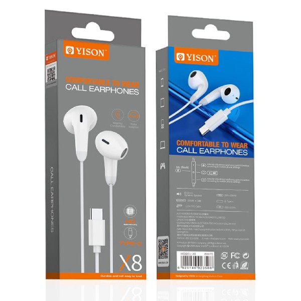 YISON earphones με μικρόφωνο X8, USB-C, 13mm, 1.2m, λευκά